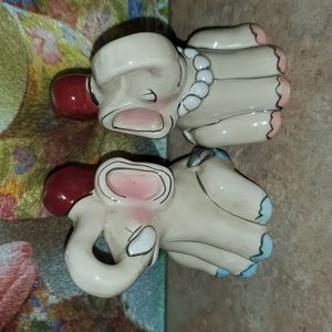 Blue Sky Signed Heather Goldmine Lucky Trunk Up Elephant Salt Pepper Shakers